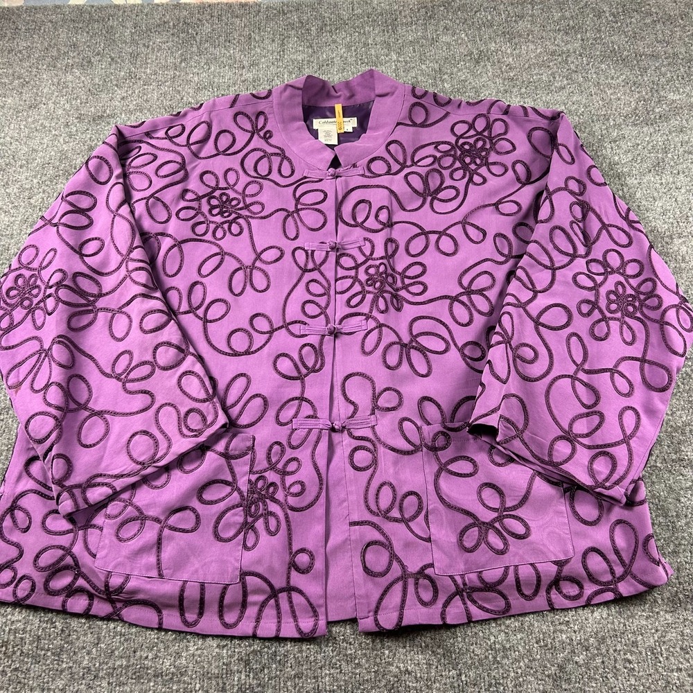 Coldwater Creek Silk Jacket Womens L Purple Soutache Embroidered Frog Mandarin